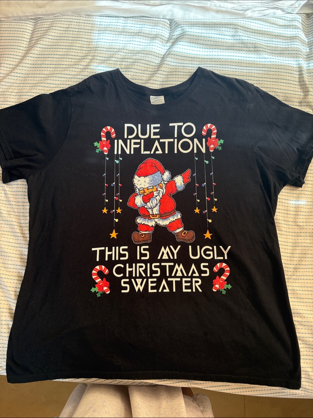 Holiday 'Due to Inflation' Black Christmas Tee with Santa, size xxl.